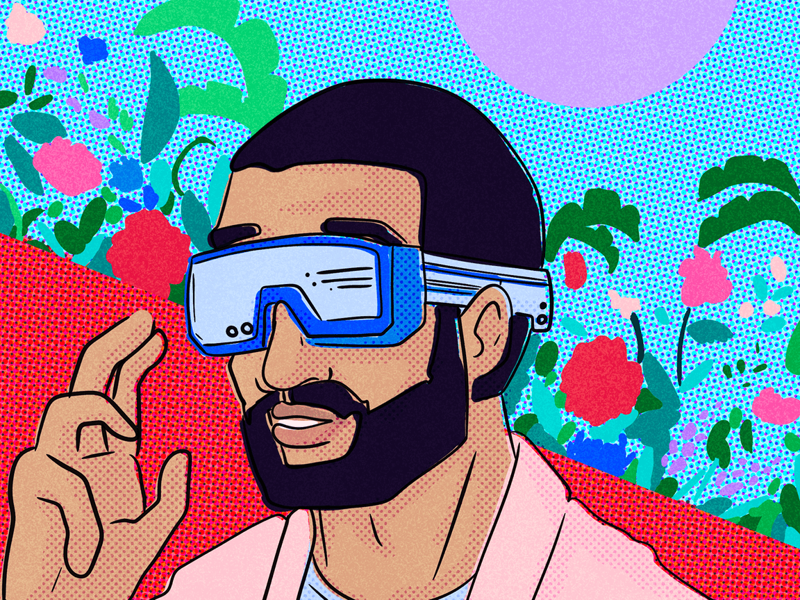 An illustration of a man wearing VR goggles in front of a background of flowers.