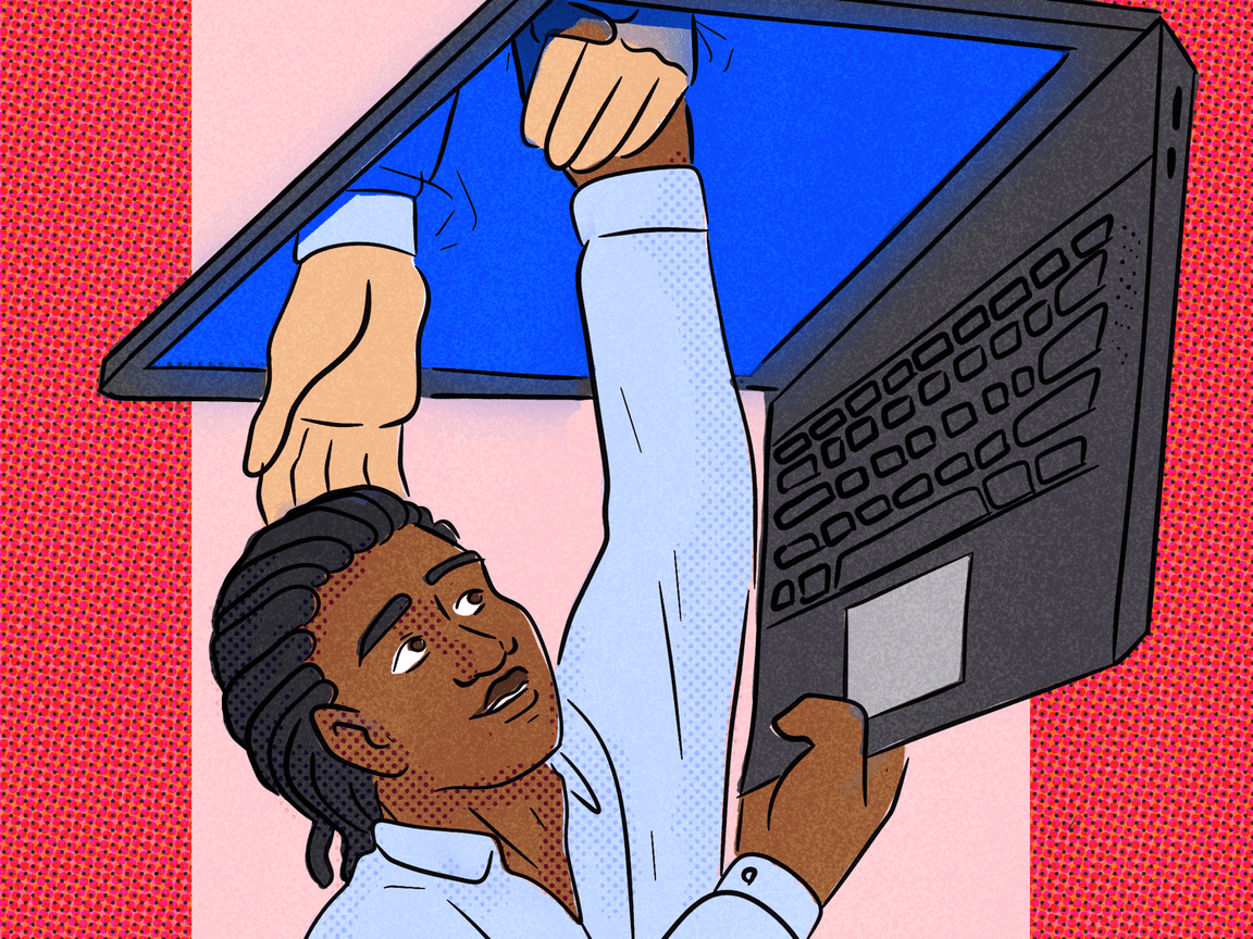 An illustration of a man being pulled into the screen of a laptop computer.